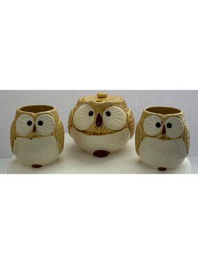 Vintage Mino Kotobuki Owl Ceramic Teapot w/ Diffuser 2 Matching Cups Tan & White